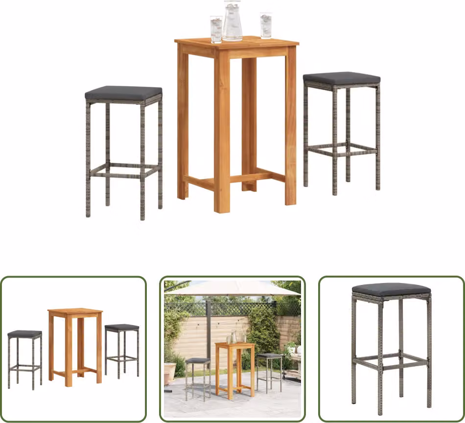 The Living Store Set bar da giardino 3 pezzi in legno massiccio di acacia e poly rattan grigio