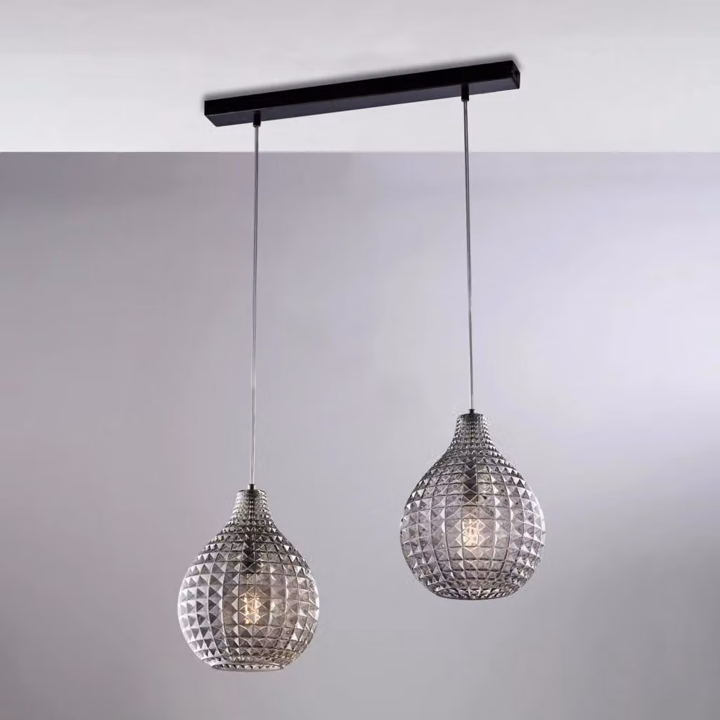 Lampada a sospensione Diamante con 2 luci BELIGHT in ferro nero e vetro grigio specchiato – 2