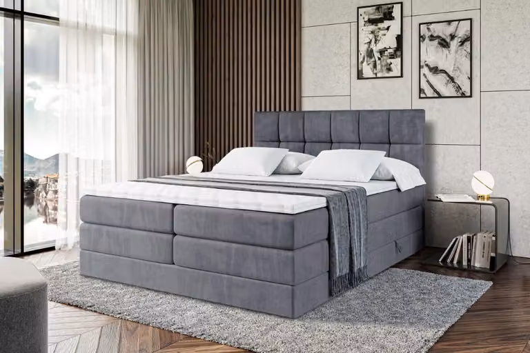 Letto boxspring ALTDECOR con materasso e rete a doghe - RICAR KING 140x200 cm - Velluto grigio scuro - Topper, letto imbottito con contenitore, letto con vano portaoggetti H3 e H4 - Materasso, letto matrimoniale, letto boxspring