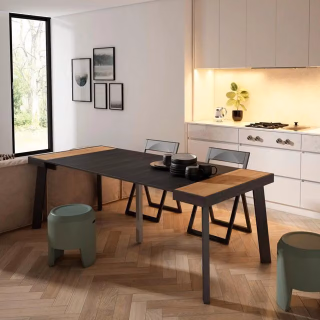 Consolle allungabile, 222x90x73cm, Per 10 persone, Gambe in legno, colore Rovere e nero RF3080