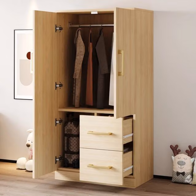 Armadio per cameretta a 2 ante con 2 cassetti e vano contenitore; 70 x 40 x 135 cm; legno naturale