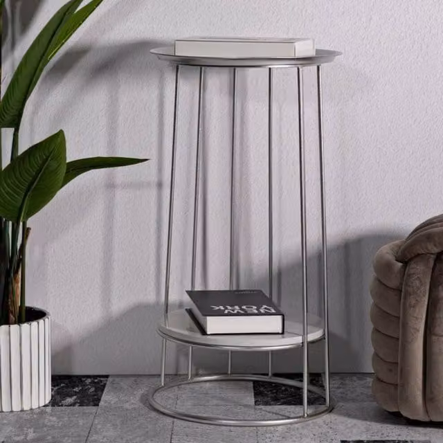 Tavolino da salotto moderno DMORA con piano in marmo e struttura in metallo argento, L/P/H: 40 x 40 x 76 cm – 1