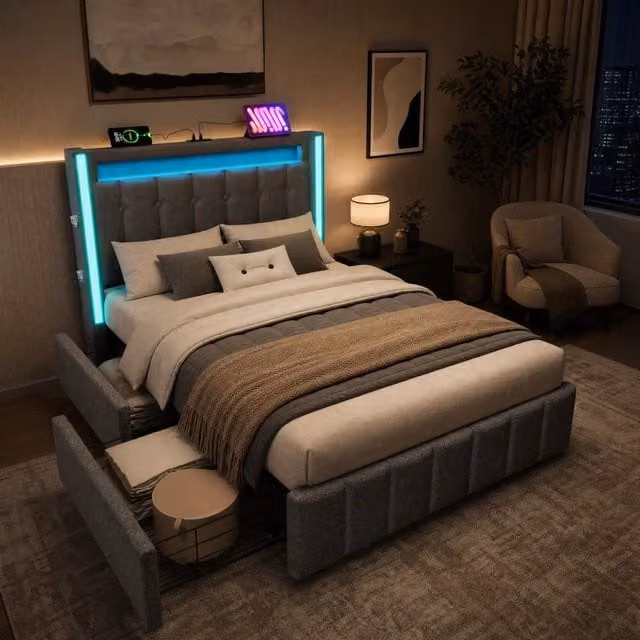 Letto singolo imbottito 90x200 cm grigio con ricarica USB tipo C, illuminazione LED e 2 cassetti, struttura in lino con rete in legno (senza materasso)
