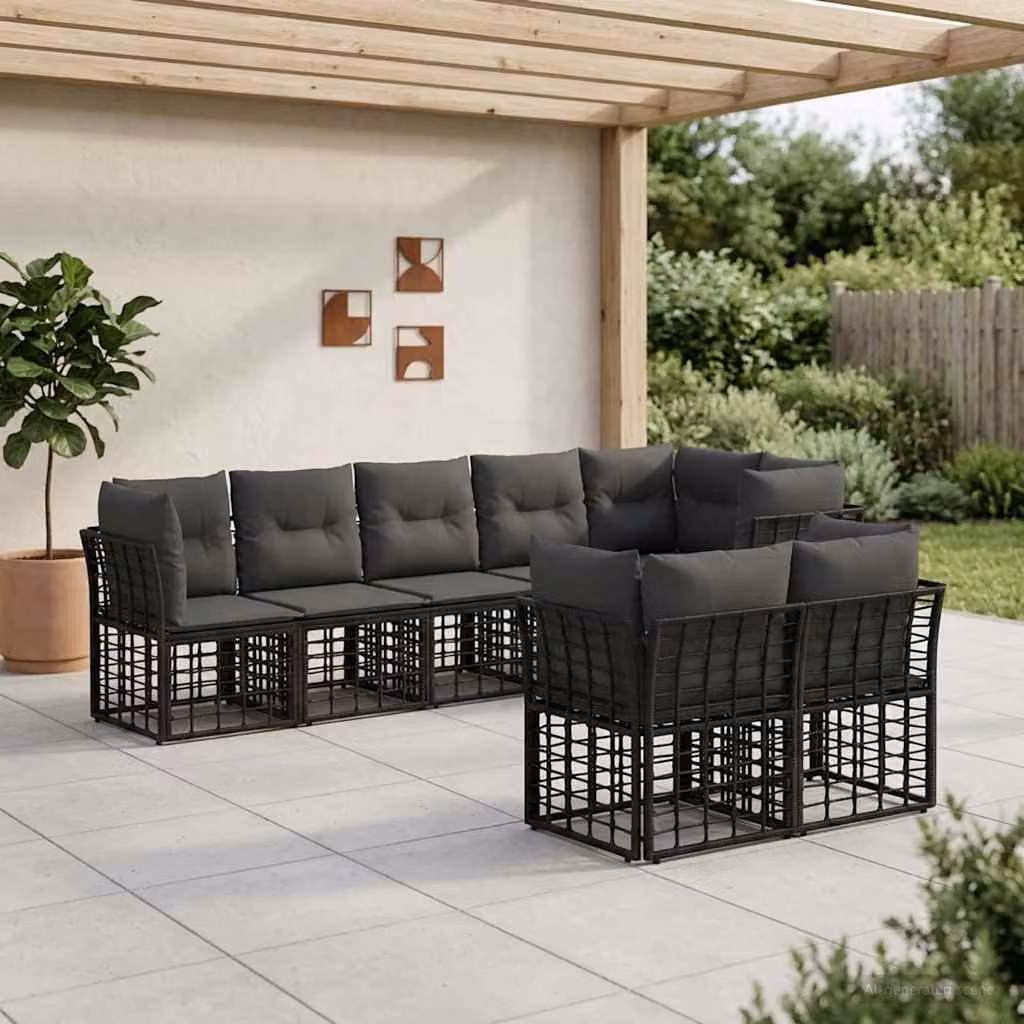 Set di divani da esterno a L vidaXL in polyrattan nero con cuscini in poliestere resistente ai raggi UV