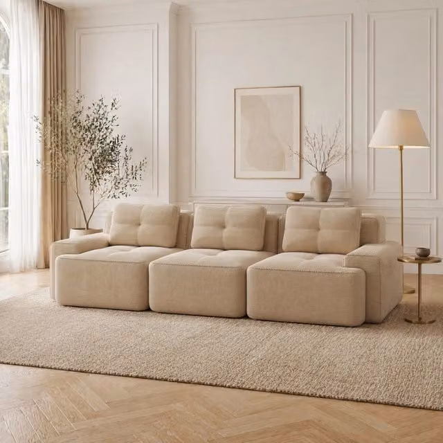 Divano modulare a seduta profonda in velluto a coste; beige; 293×104×69 cm