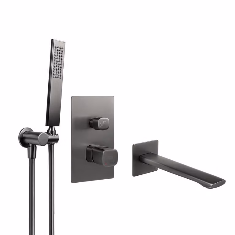 Miscelatore per vasca da bagno da incasso con set doccia, colore grafite, completo di scatola di montaggio da incasso