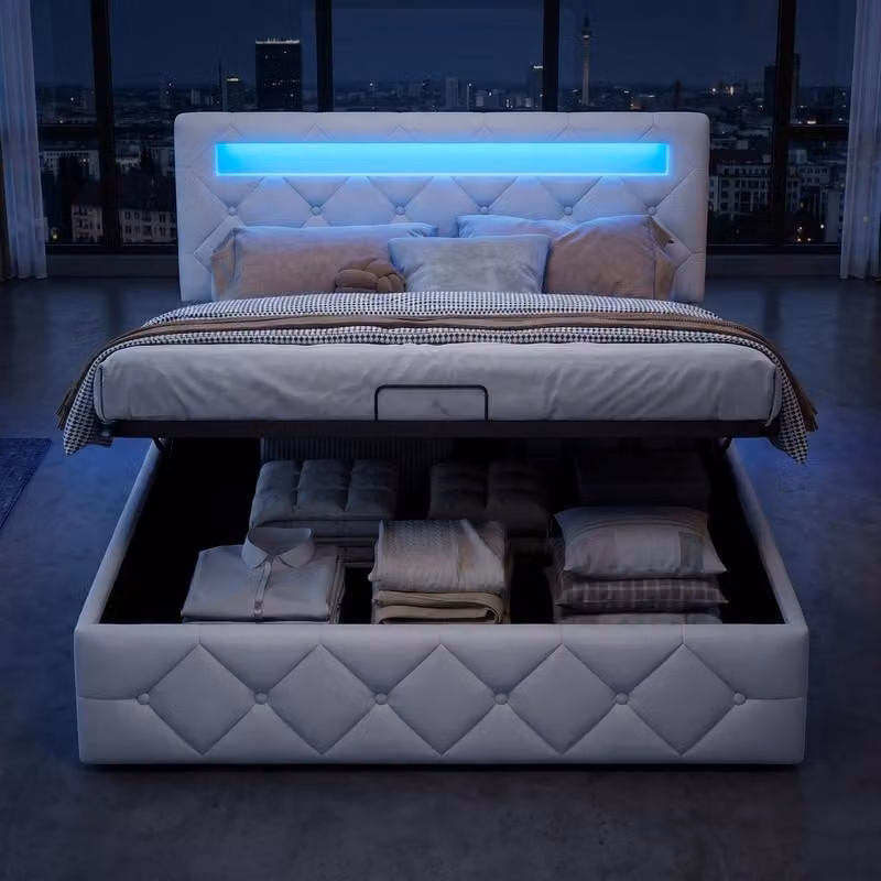 ProximaX Letto imbottito moderno 140x200 cm in albicocca con illuminazione a LED, porta di ricarica USB e alzata a gas - letto matrimoniale con ampio spazio di contenimento sotto la base del materasso e testata in tessuto imbottito