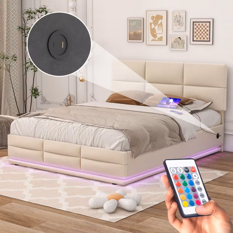 LVHOM Letto imbottito 140x200cm con LED e USB, letto matrimoniale con sistema idraulico, letto contenitore in tessuto di velluto, struttura del letto solida, letto a molle, beige