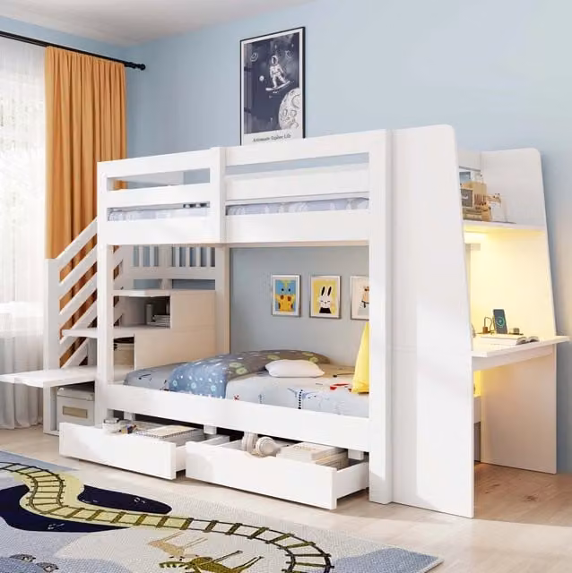 Letto a castello multifunzione 90x200 cm in legno bianco con scrivania; LED; presa e cassetti
