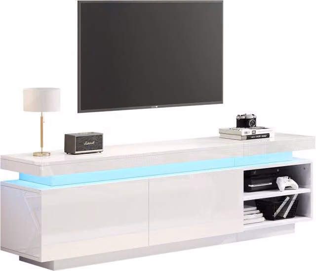 Mobile TV LED con 2 ante e 2 vani aperti, passacavi posteriori, finitura bianco lucido per soggiorno, 170 × 35 × 50 cm
