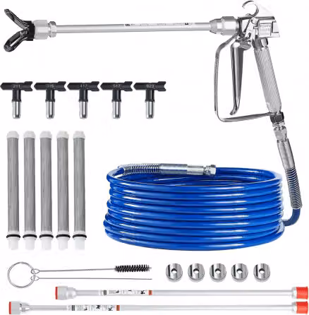VEVOR Kit Pistola a Spruzzo Airless con Tubo Flessibile e 5 Ugelli, Spruzzatore di Vernice Alta Pressione 248 Bar in Acciaio Inox Blu