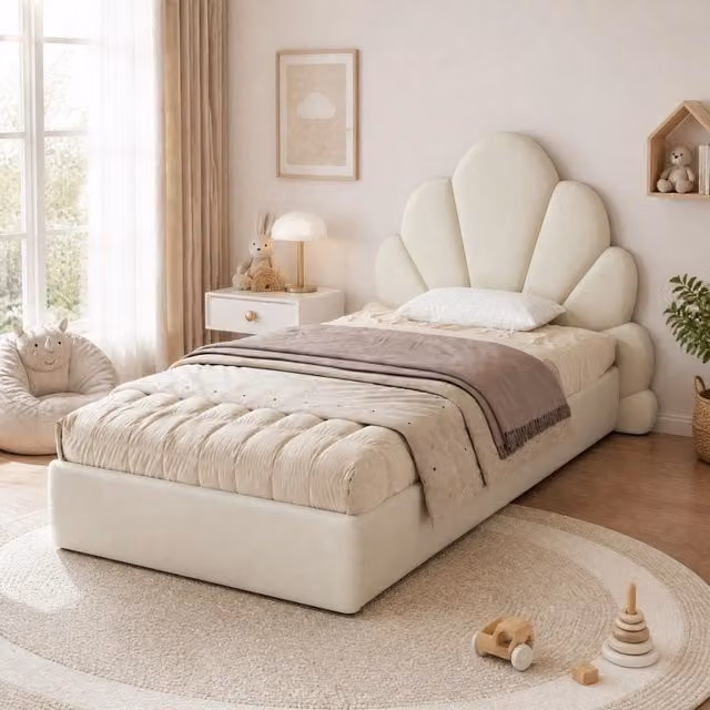 Letto singolo 90x200 cm beige in velluto - testiera a petali e rete a doghe