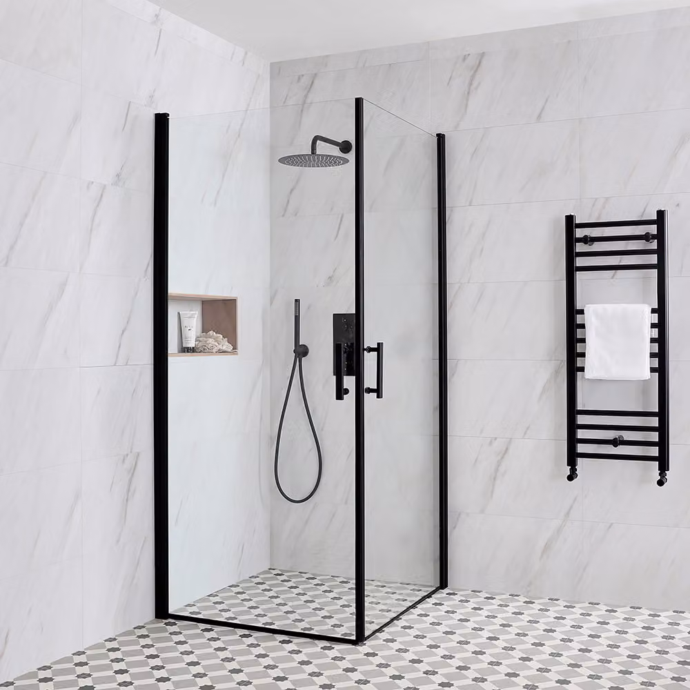 Box Doccia Walk-In Angolare a Doppia Anta Battente - Nero - 700mm x 700mm - Nox