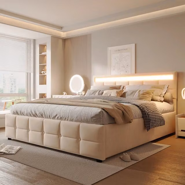 Letto imbottito matrimoniale 180x200 cm con LED; rete a doghe e vano contenitore; beige