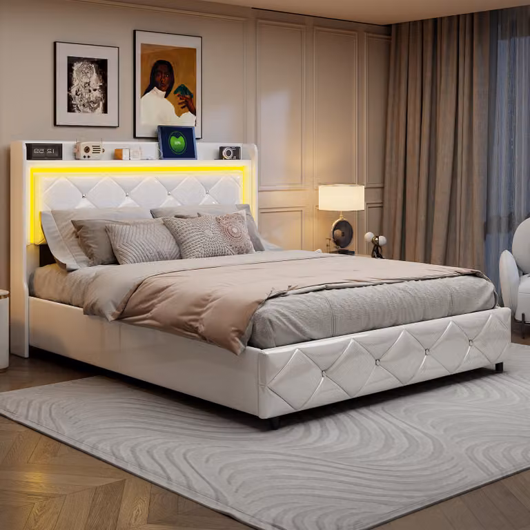CDGlobal letto imbottito 140x200cm con USB e Type-C, letto matrimoniale per ragazzi con LED, letto contenitore idraulico con rete a doghe, PU, bianco