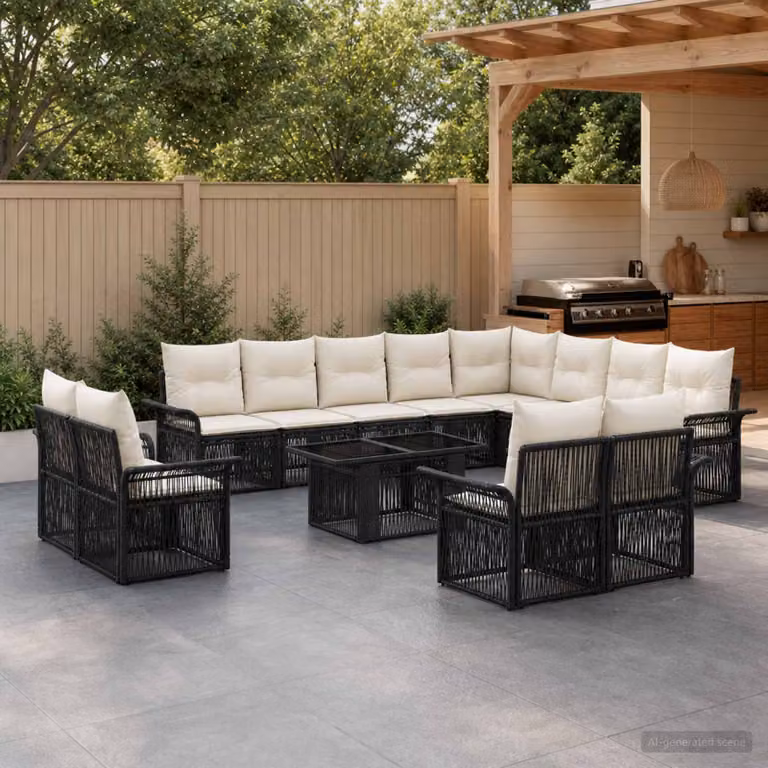 Set Divano da Giardino vidaXL a Forma di U in Polyrattan con Cuscini Bianchi e Nero, Include Divano a 3 Posti, Elementi Angolari e Tavolino da Caffè