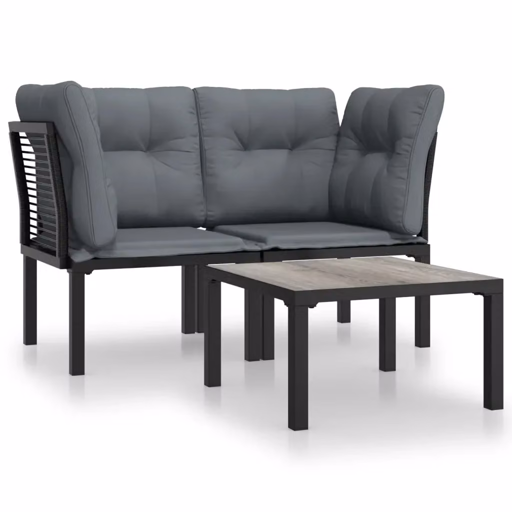 Set Salotto da Giardino Moderno vidaXL in Polyrattan Nero e Grigio con Divano a 2 Posti, Elemento Angolare e Tavolino da Esterno con Cuscini Inclusi – 2