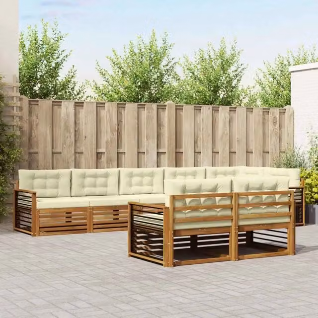 Set di divani da esterno a L vidaXL in legno di acacia con cuscini beige e bianco per giardino e terrazza