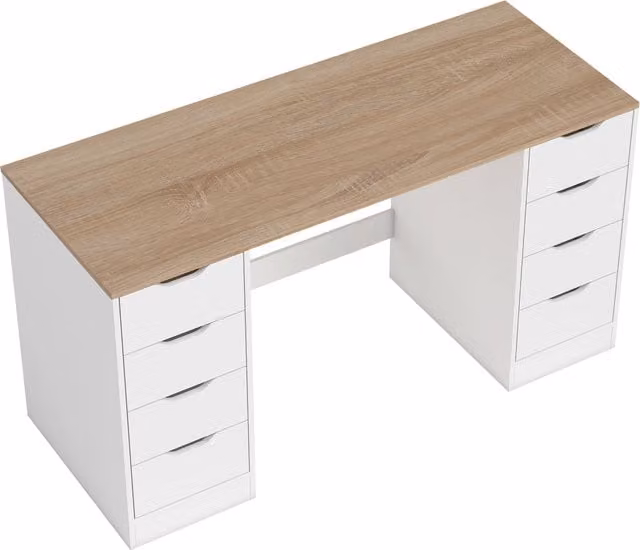 Scrivania da ufficio moderna HOMCOM con 8 cassetti, Bianco e Legno naturale, L: 140 cm, P: 38 cm – 1