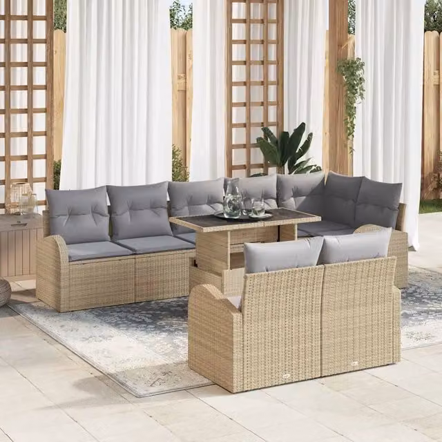 Set Divano da Giardino 9 Pezzi vidaXL in Polyrattan Beige e Grigio con Cuscini Rimovibili e Tavolino – 1