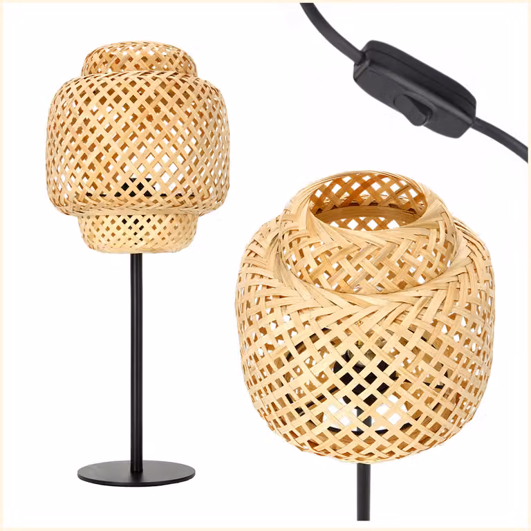 Lampada da tavolo BONN, attacco E27, struttura nera, 22 cm, paralume in bambù intrecciato, stile boho