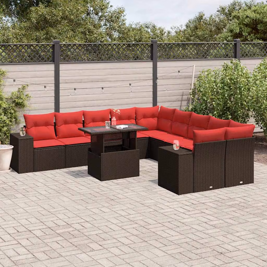Set Divani da Giardino vidaXL 11 pz in Polyrattan Marrone con Cuscini e Tavolino da Esterno