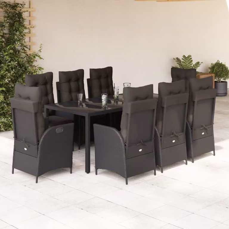 Set da Pranzo da Giardino vidaXL 9 pz in Polyrattan Nero con Cuscini e Tavolo in Vetro