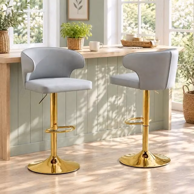 Sgabello da bar ULEVR regolabile 85-110 cm, girevole a 360¡ã, con schienale, poggiapiedi e base da 45 cm, grigio chiaro