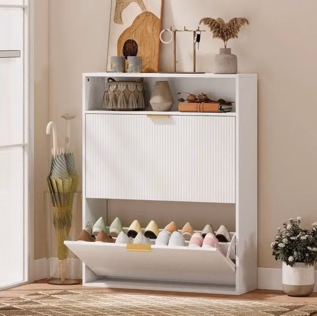 Scarpiera slim a ribalta bianca con vani a scomparsa e ripiano superiore, L 80 cm, P 24 cm, H 102,5 cm