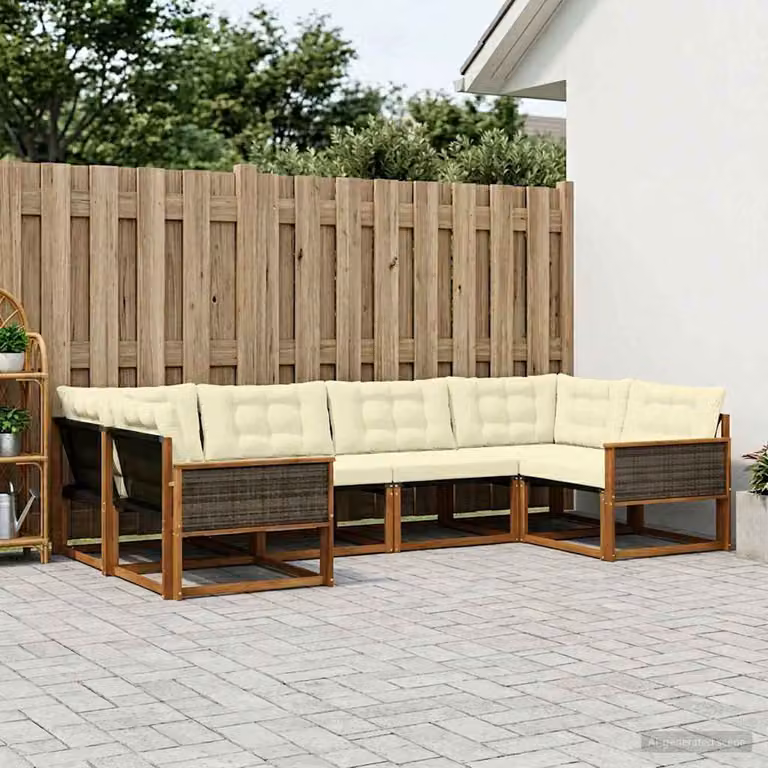 Set di divani da esterno vidaXL 6 pz in legno di acacia con cuscini, design moderno a L, colori naturale, beige e bianco