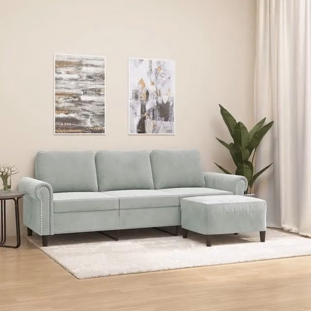 Divano a 3 posti moderno vidaXL in velluto grigio con poggiapiedi coordinato L: 180 cm, P: 80 cm, H: 77 cm