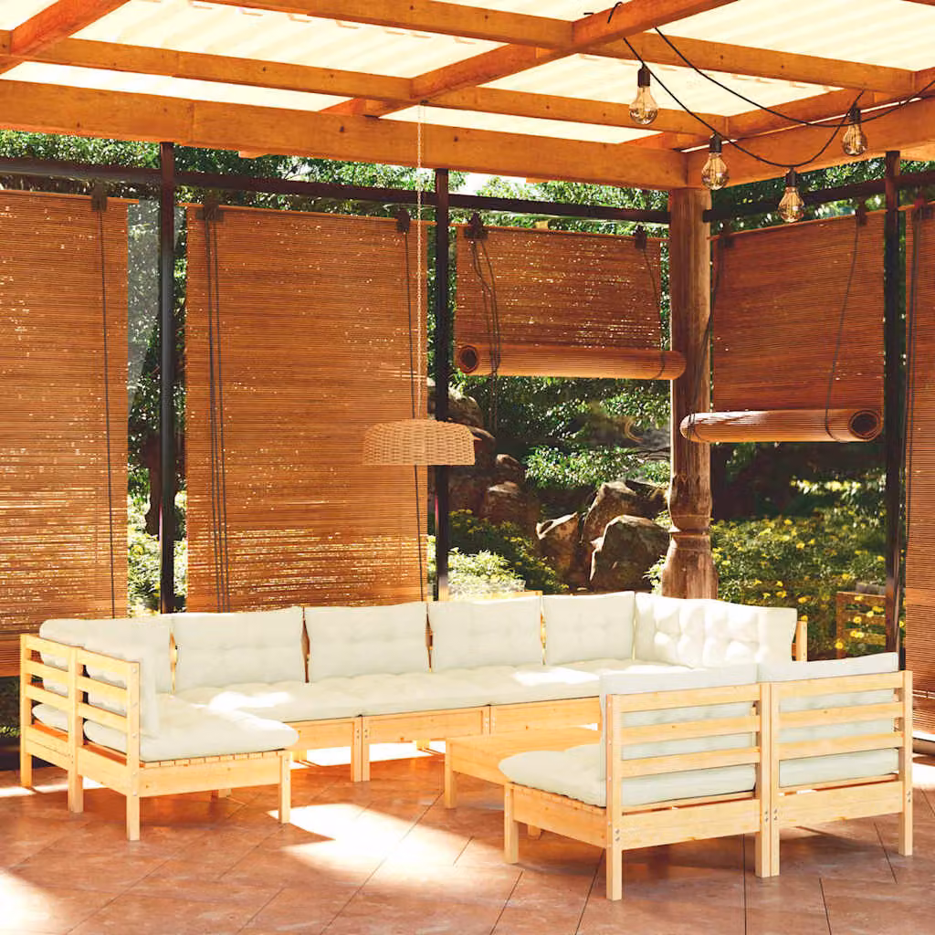 vidaXL Set di Divani da Giardino a L in Legno Massello di Pino con Cuscini Beige, 10 Pezzi