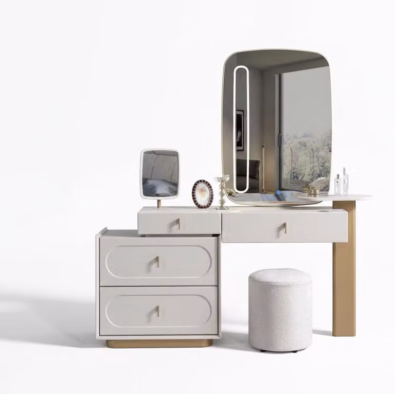 Toeletta moderna bianca ed elegante, toeletta di design in legno con specchio
