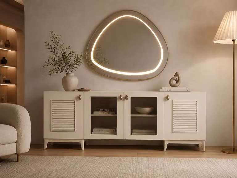 Set per sala da pranzo, credenza, specchio, beige, confortevole, spazioso, elegante