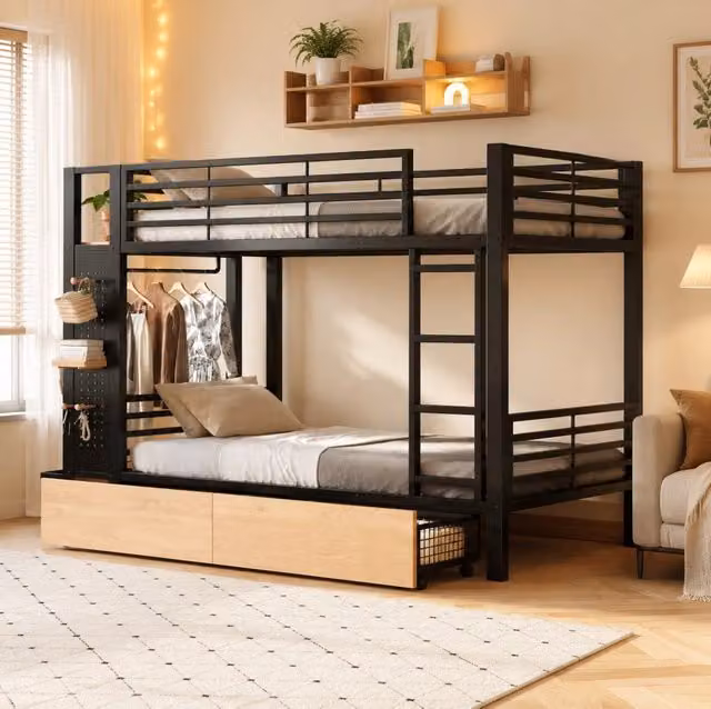 Letto a castello 90x200 cm con LED, cassetti e appendiabiti