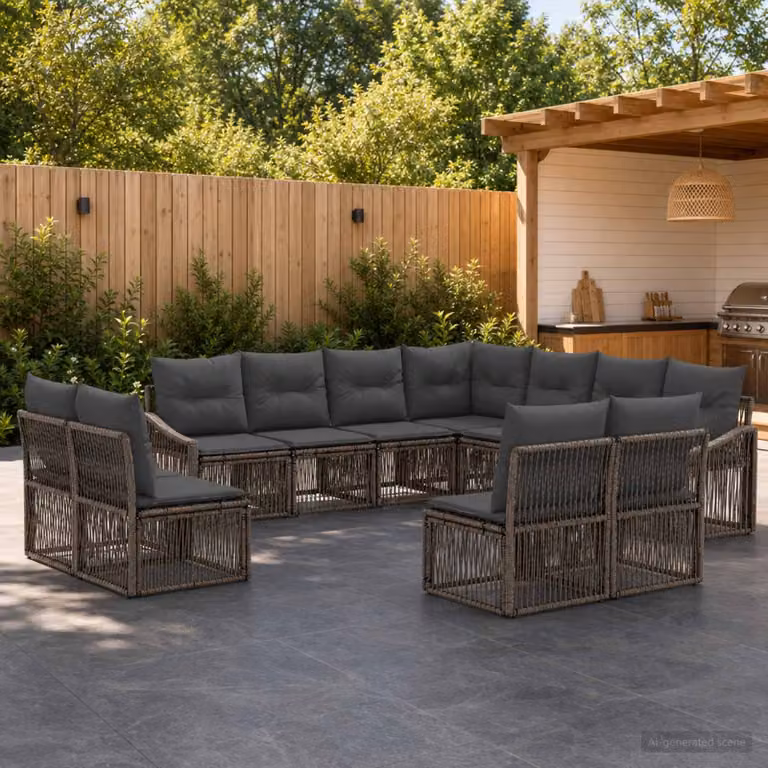 Set Divano da Giardino vidaXL 11 pz Grigio in Polyrattan con Struttura in Acciaio e Cuscini Imbottiti