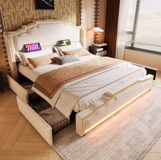 Letto imbottito beige 160 x 200 cm con materasso, LED, cassetti e ricarica