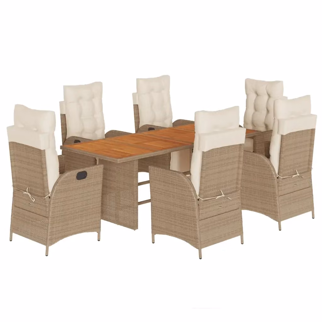 Set da Pranzo da Giardino vidaXL in Polyrattan e Legno di Acacia con 7 Cuscini Beige e Bianchi – 2