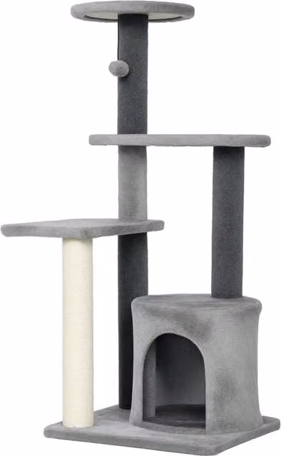 Albero per Gatti PawHut Multilivello con Casetta e Tiragraffi in Sisal, Grigio, Altezza: 103 cm – 1