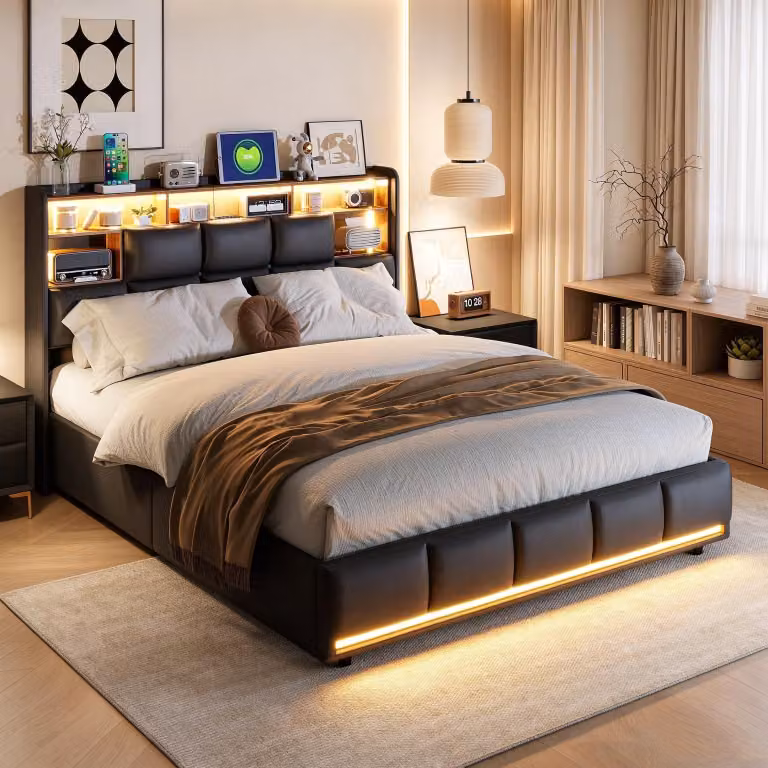 Letto imbottito INONEFT, 160 x 200 cm, con illuminazione a LED; letto box con sistema idraulico e spazio contenitore; letto matrimoniale con testiera contenitore e rete a doghe, imbottitura in PU