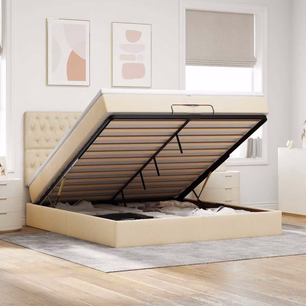 Letto matrimoniale con contenitore a sollevamento vidaXL in tessuto beige e bianco, dotato di illuminazione sottostante e porta di ricarica USB, L: 200 cm, P: 200 cm, H: 280 cm