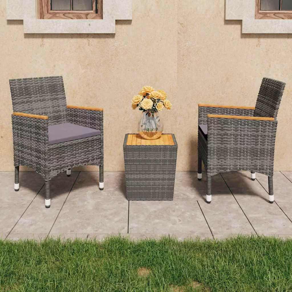 vidaXL Set da Bistrot 3 pz in Polyrattan e Legno di Acacia Grigio – 1
