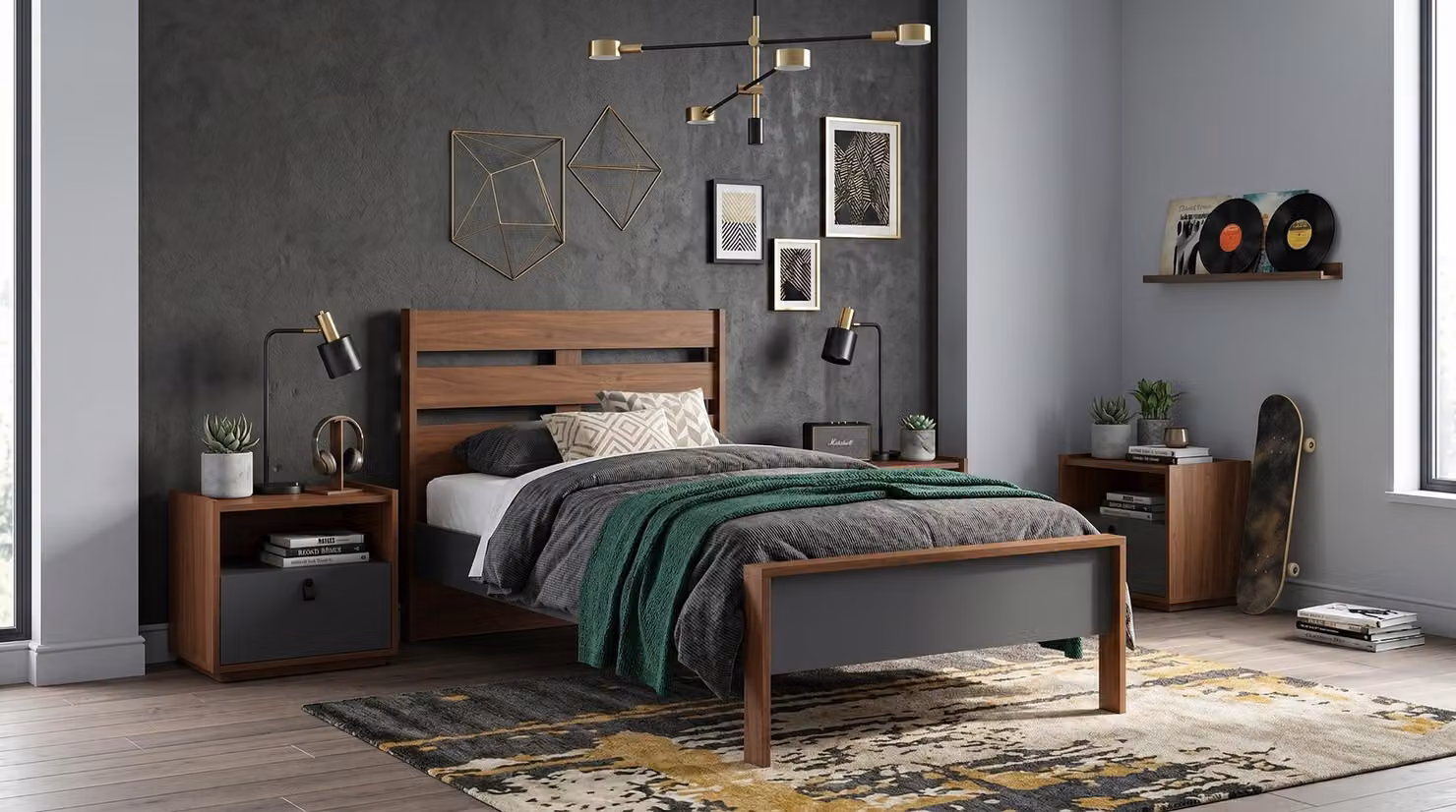 Camera da letto moderna per ragazzi, con letto e comodini color marrone