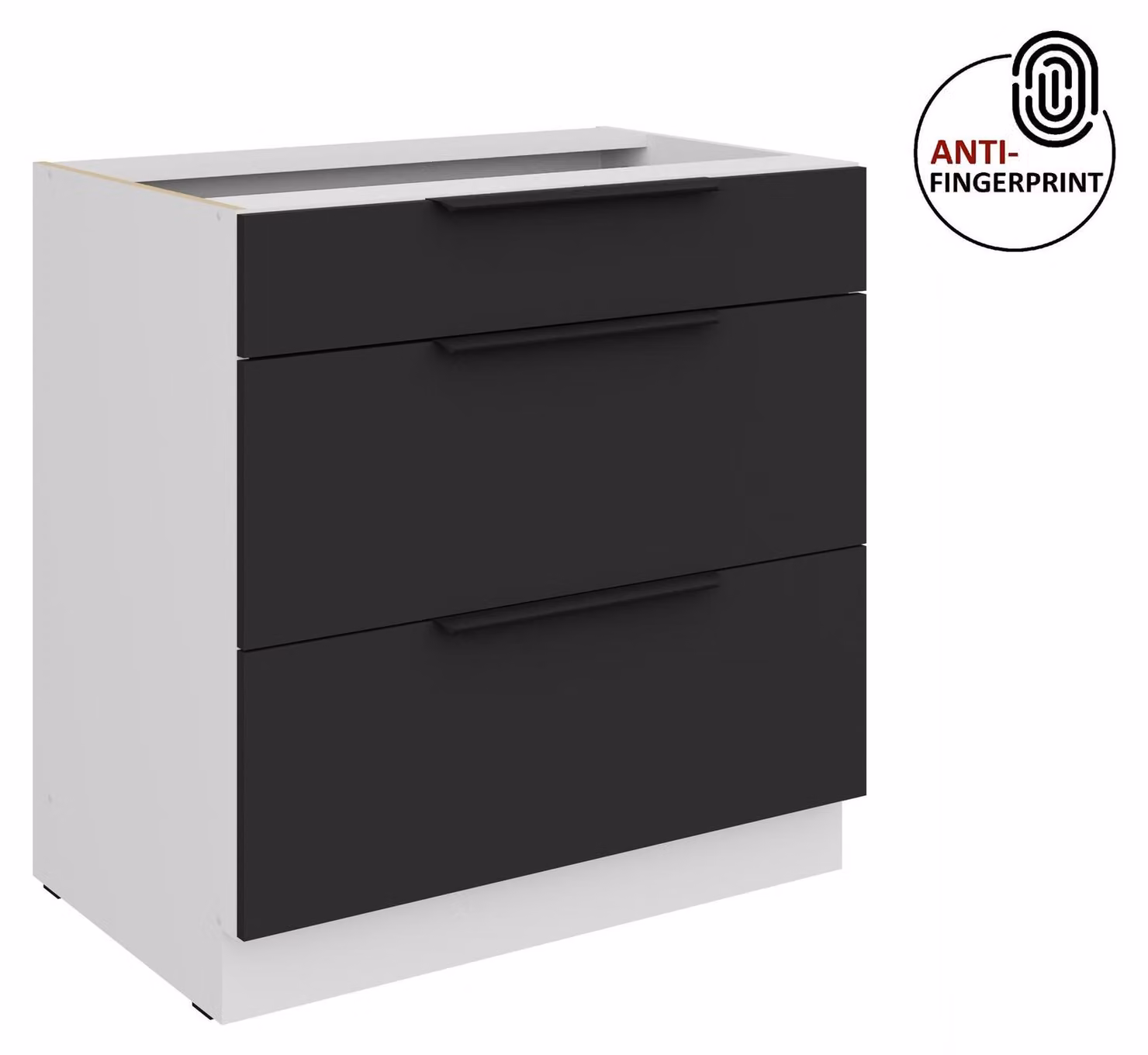 Mobile base da cucina da 80 cm, cucina ARIA nero ultra opaco + bianco opaco, frontali di alta qualità con rivestimento anti-impronta, mobile da cucina con chiusura ammortizzata