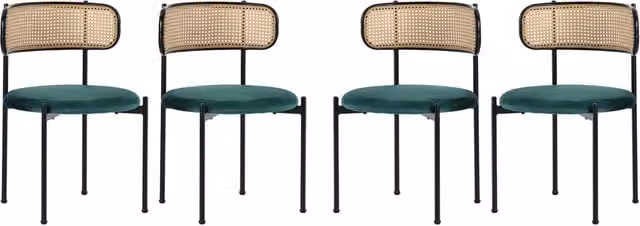 Set di 4 Sedie da Pranzo in Velluto Verde con Schienale in Rattan e Gambe Metalliche