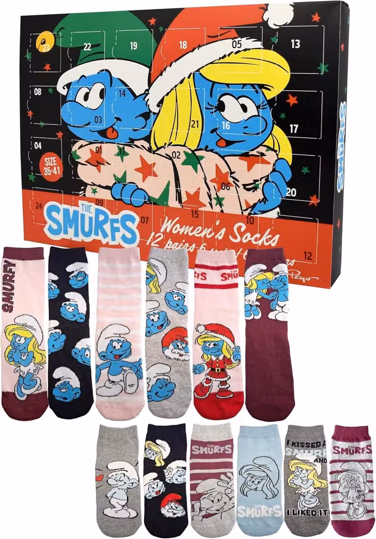 Calendario dell'Avvento Smurfs con 12 paia di calzini da donna - Taglia 35-41 - Calendario con calzini sportivi e calzini lunghi - Calendario natalizio, idea regalo
