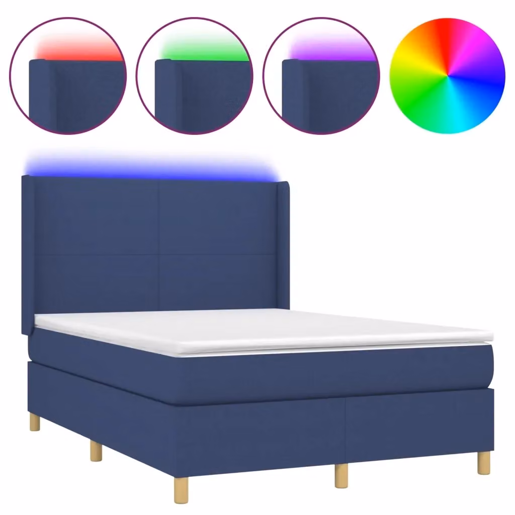Letto a molle vidaXL con materasso, illuminazione LED blu e porta USB, rivestito in tessuto bianco e blu, L/P/H: 190 x 140 x 147 cm – 2