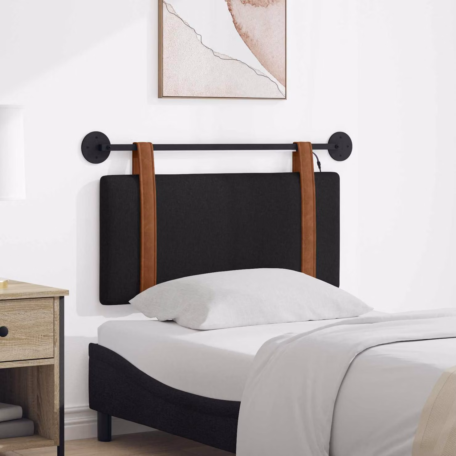 Testiera per letto sospesa vidaXL con luce LED integrata in similpelle nera e legno, L 90 x H 55 x P 5 cm