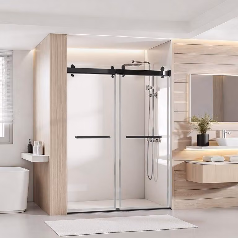 Porta doccia scorrevole - 1219 x 1930 mm - Vetro temperato di sicurezza da 10 mm - Senza telaio - Lega di alluminio - Per bagno