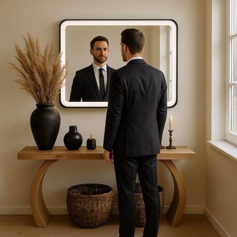 Specchio a LED, dimensioni 70x100 cm, cornice in alluminio nero, con funzione di regolazione dell'intensità luminosa, temperatura di colore 6000 K